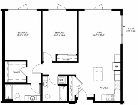 Floor plan for 2 beds, 2 baths, 1198 sqft